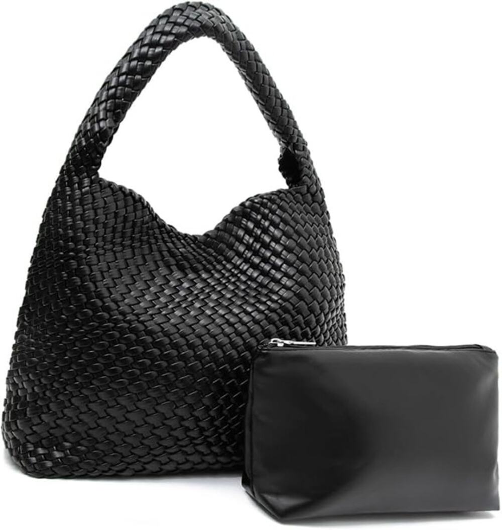 NWT ~ Set/2 Women's Large Black Handwoven Vegan Leather Tote Bag & Pouch Purse